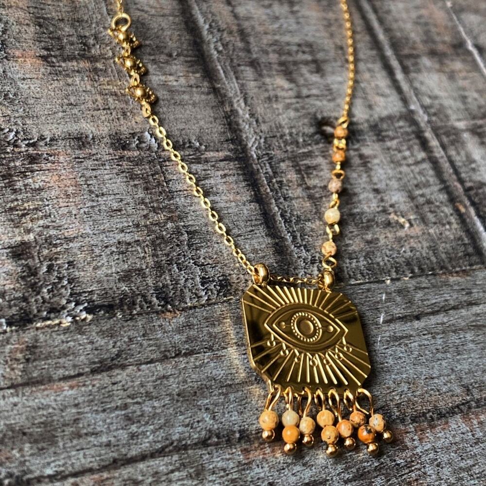 NEW Gold Evil Eye & Stone Pendant Necklace - Picture 6 of 8